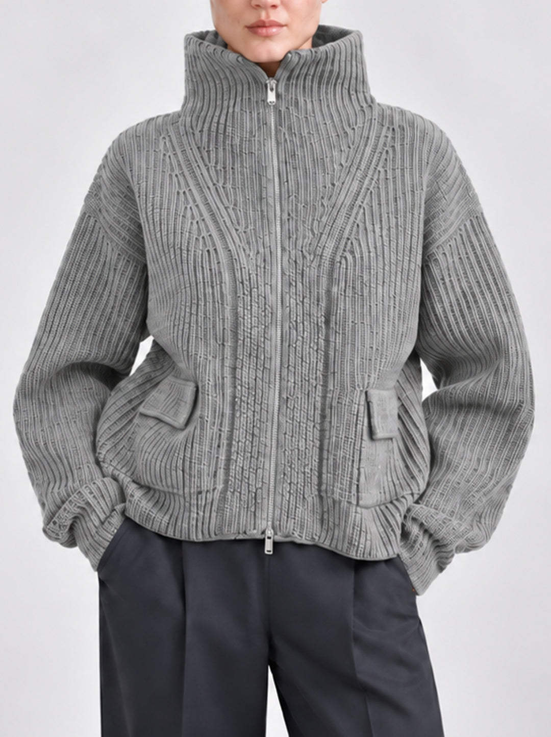 FFC Grofgebreid Vest met Rits – Grijs-100% wol-DAMES TRUIEN & VESTEN-Grijs