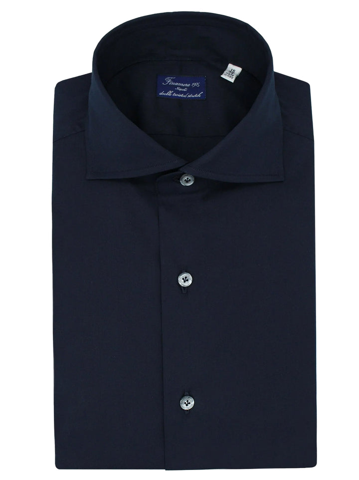 Finamore Napoli Eduardo RF Stretch Navy-78% katoen, 18% polyamide, 4% elasthaan-HEREN SHIRTS-Blauw