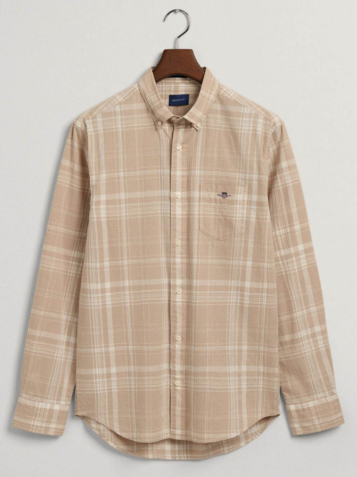 GANT geruit regular fit shirt-70% katoen, 30% linnen-HEREN SHIRTS-Beige