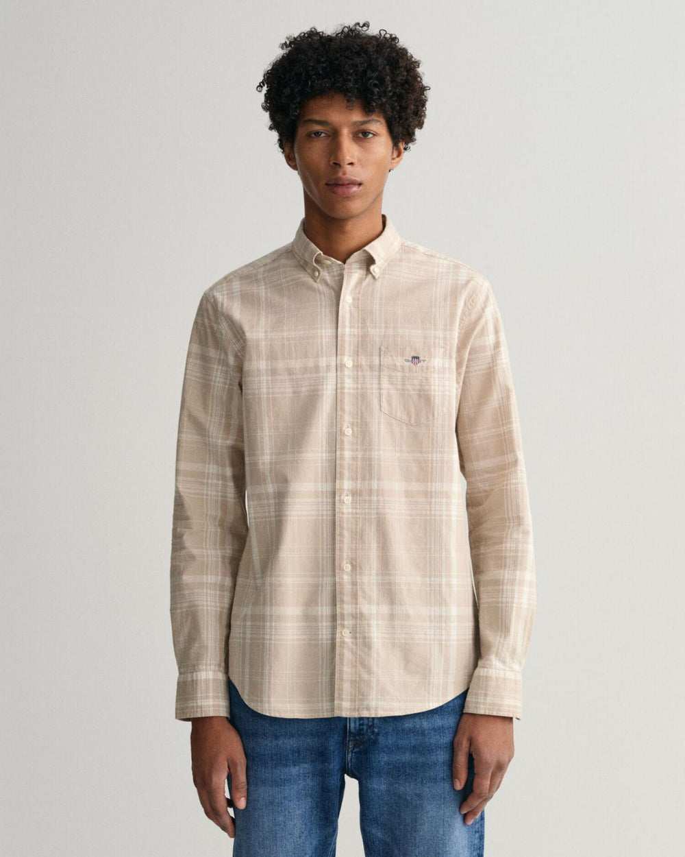 GANT geruit regular fit shirt-70% katoen, 30% linnen-HEREN SHIRTS-Beige