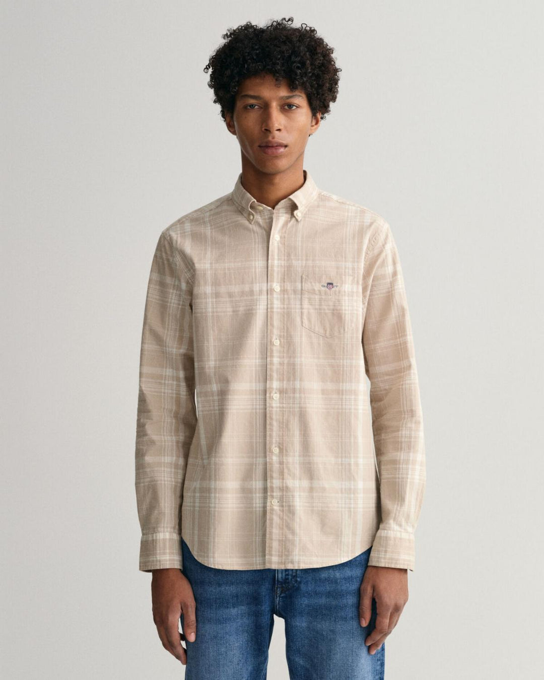 GANT geruit regular fit shirt-70% katoen, 30% linnen-HEREN SHIRTS-Beige