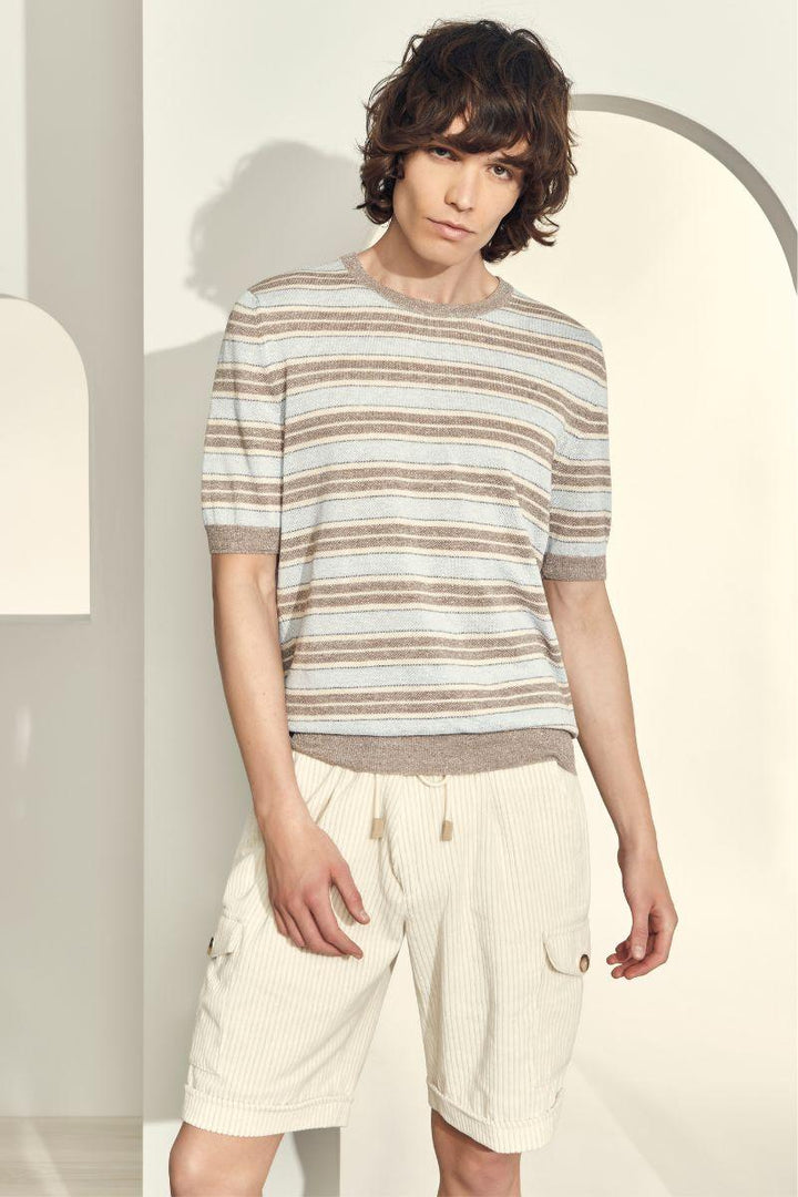 Gran Sasso gebreid t-shirt-68% linnen, 32% katoen-HEREN POLO'S & T-SHIRTS-Blauw