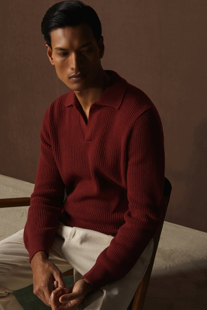 Gran Sasso Half-Fisherman’s Rib Knit Skipper Trui-100% wol-HEREN TRUIEN & VESTEN-Rood