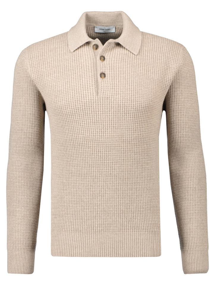 Gran Sasso Merino Wafel Polo Trui – Beige-80% wol, 10% viscose, 10% cashmere-HEREN TRUIEN & VESTEN-Beige