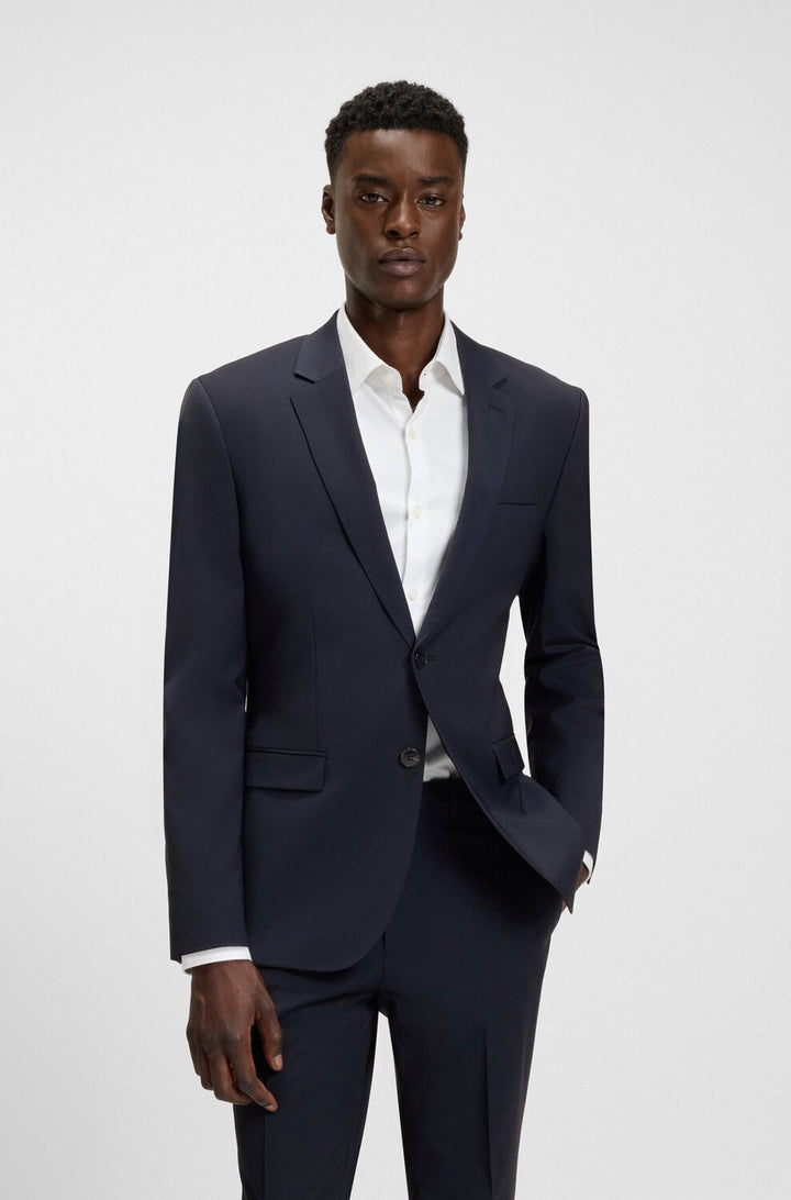 HUGO Essential Navy Colbert – Slim Fit-60% wol, 36% polyester, 4% elasthaan-HEREN PAKKEN & COLBERTS-Blauw