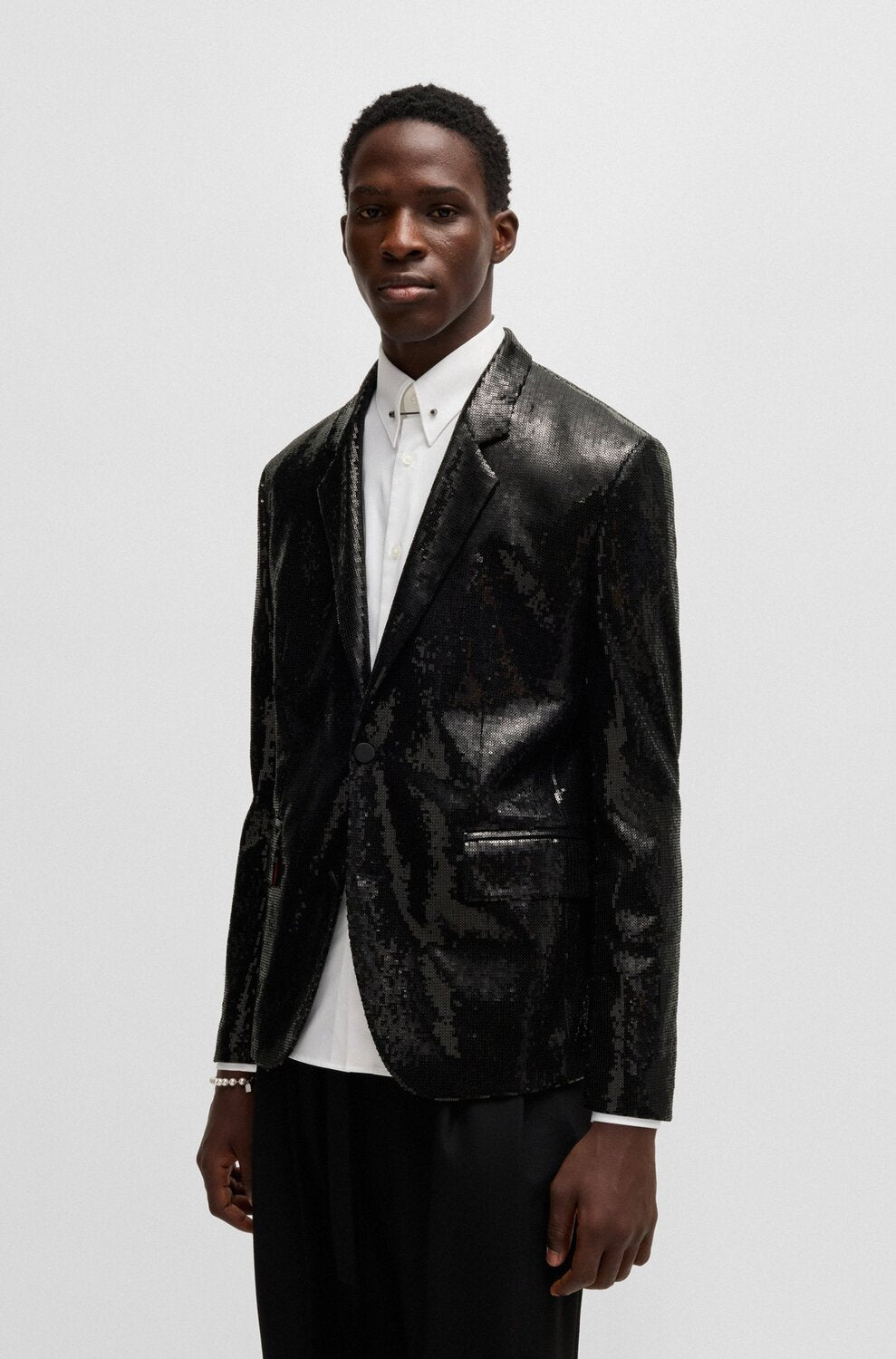 HUGO modern fit blazer met pailletten-95% Polyester<br />5% Elastaan-HEREN GELEGENHEIDSKLEDING-Zwart