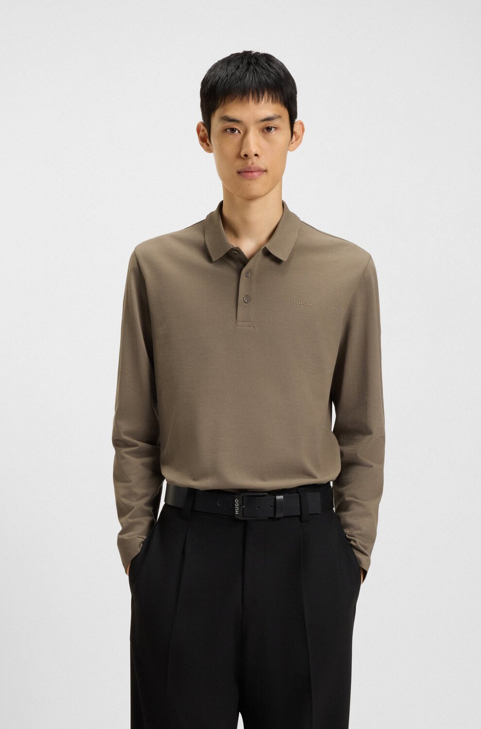 HUGO Polo Lange Mouw – Grijs-100% katoen-HEREN POLO'S & T-SHIRTS-Grijs