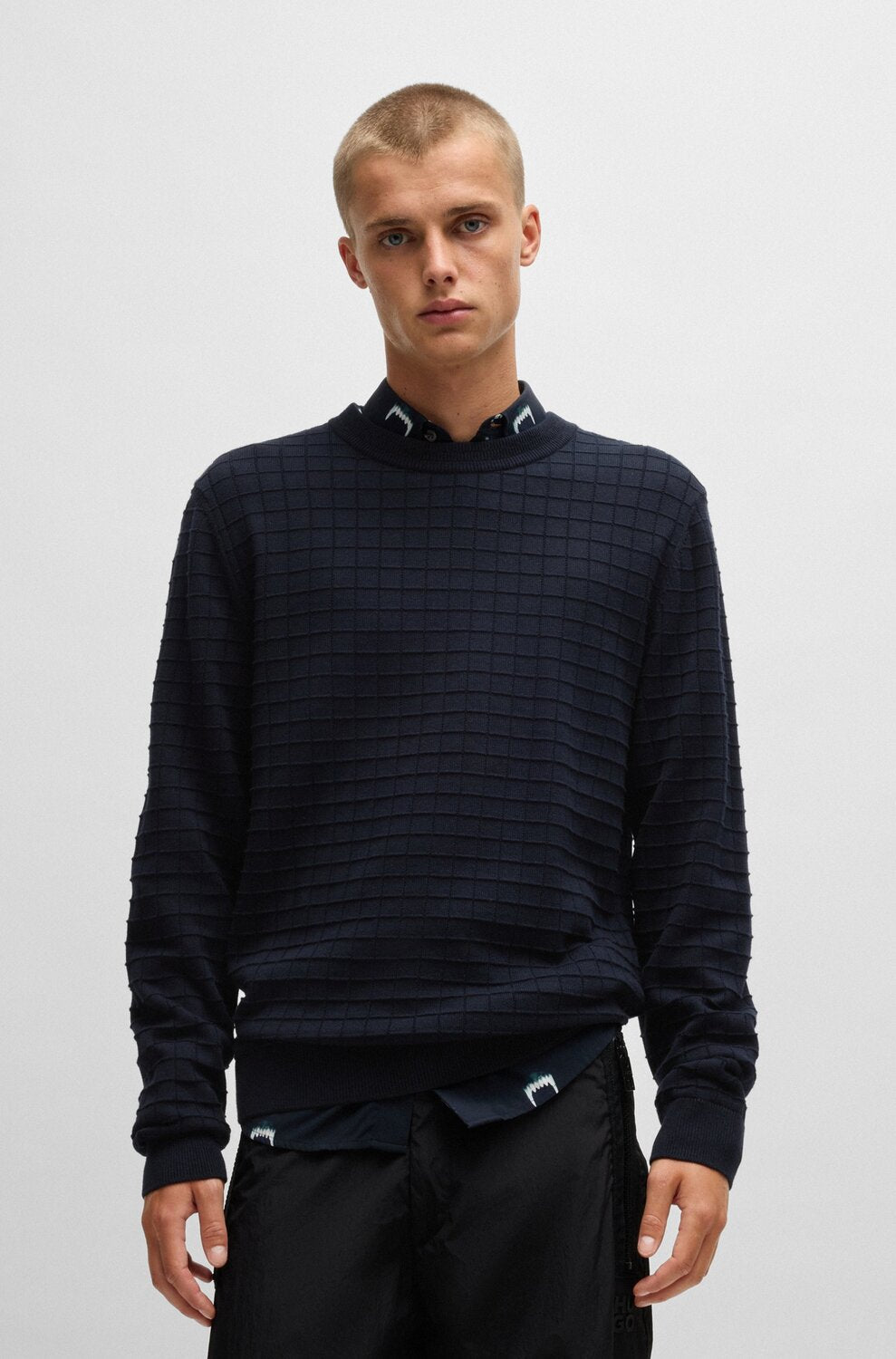 HUGO Regular-fit trui van katoen met rasterdessin-100% Katoen-HEREN TRUIEN & VESTEN-Blauw