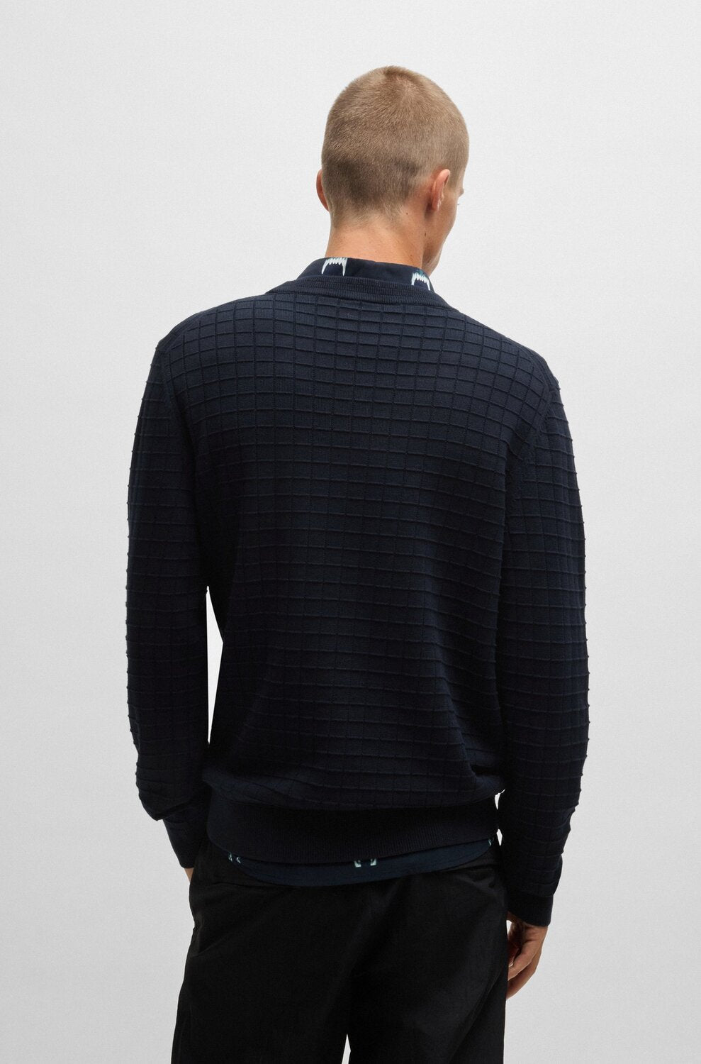 HUGO Regular-fit trui van katoen met rasterdessin-100% Katoen-HEREN TRUIEN & VESTEN-Blauw