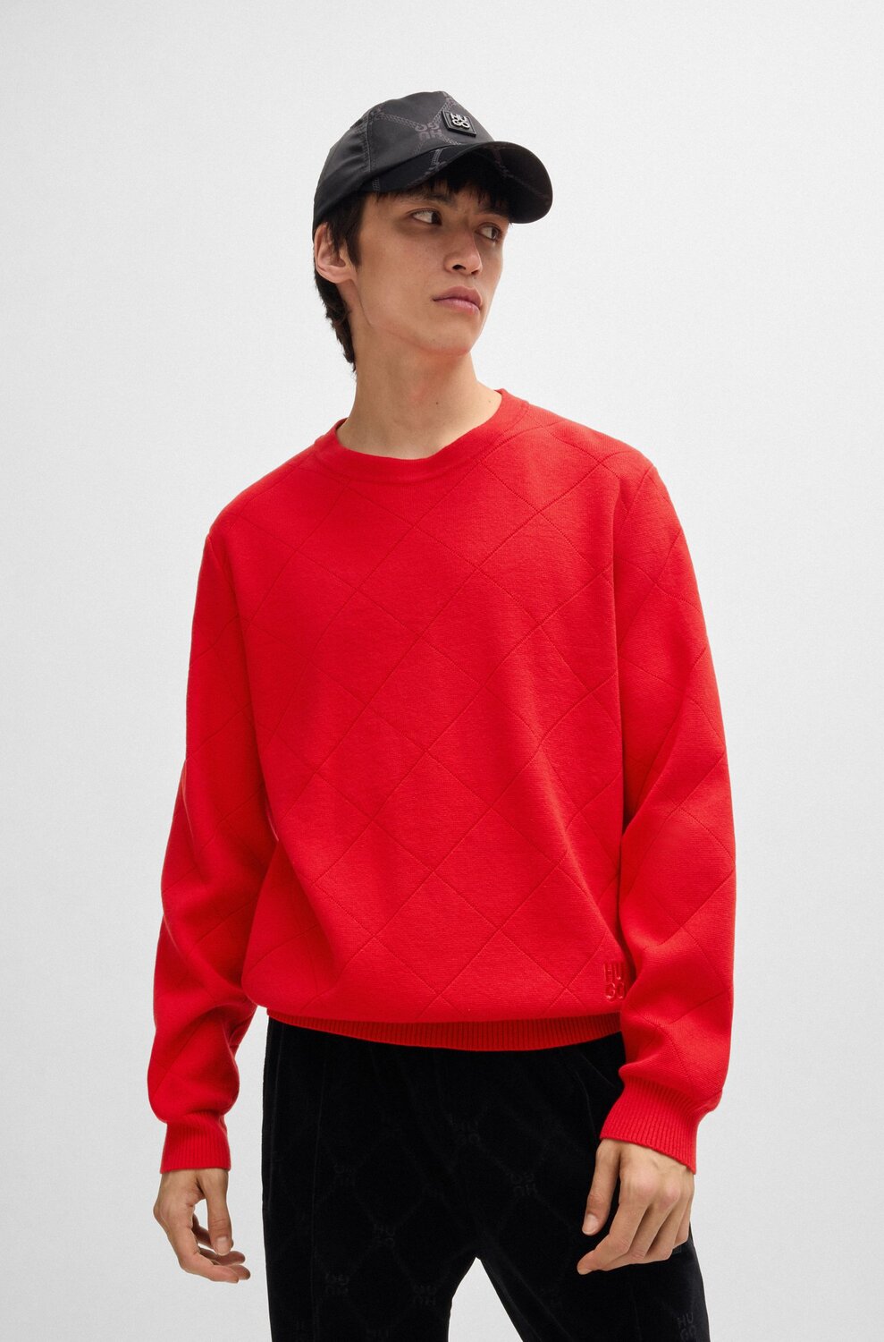 HUGO Relaxed-fit trui met gebreid vierkant dessin-100% Katoen<br />-HEREN TRUIEN & VESTEN-Rood