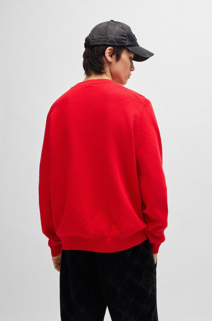 HUGO Relaxed-fit trui met gebreid vierkant dessin-100% Katoen<br />-HEREN TRUIEN & VESTEN-Rood