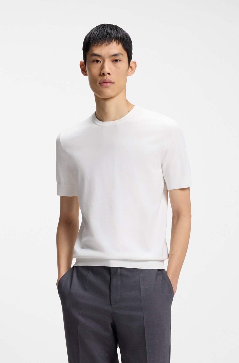 HUGO San Carl-CV Gebreid T-shirt – Wit-72% viscose, 28% polyester-HEREN POLO'S & T-SHIRTS-Wit