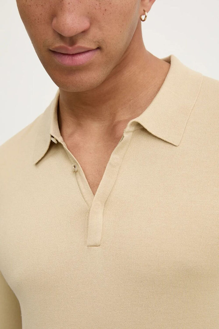 HUGO Slim-fit gebreide polotrui-72% Viscose, 28% Polyester-HEREN TRUIEN & VESTEN-Beige