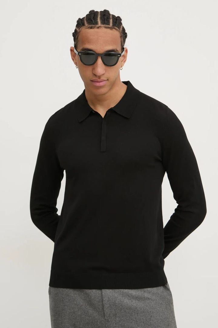 HUGO Slim-fit gebreide polotrui -72% Viscose, 28% Polyester-HEREN TRUIEN & VESTEN-Zwart
