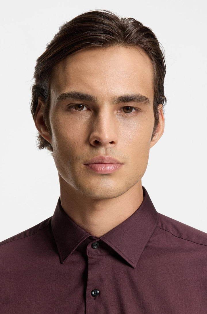 HUGO slim‑fit overhemd stretchtwill – Bruin-75% viscose, 23% polyester, 2% elastaan-HEREN SHIRTS-Bruin