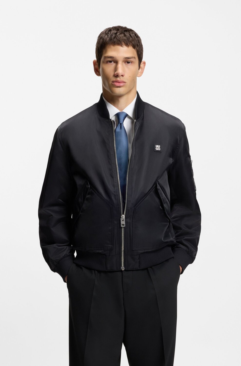 HUGO stropdas zijdemix jacquardstructuur – Blauw-57% zijde, 43% polyester-HEREN DAS/ STRIK/POCHETTE-Blauw