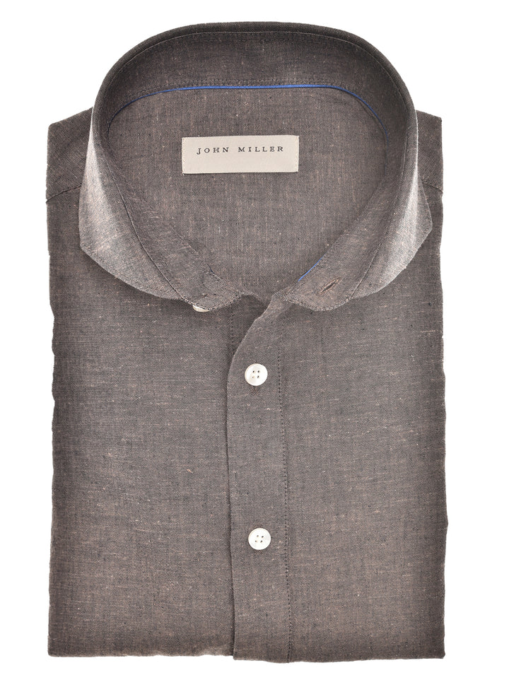 John Miller slim fit linnen mix-55% Linnen<br />45% Katoen-HEREN SHIRTS-Bruin
