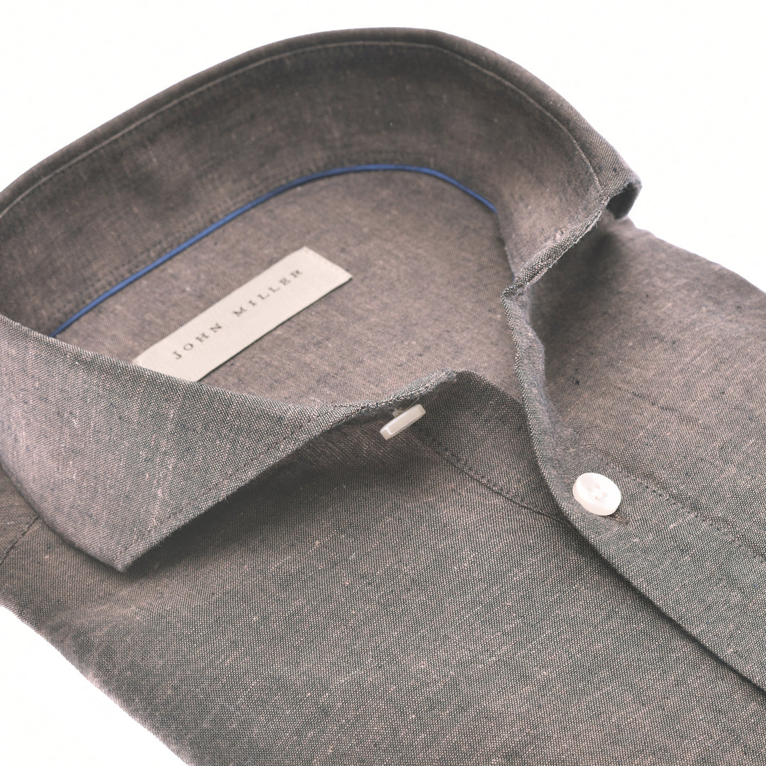 John Miller slim fit linnen mix-55% Linnen<br />45% Katoen-HEREN SHIRTS-Bruin