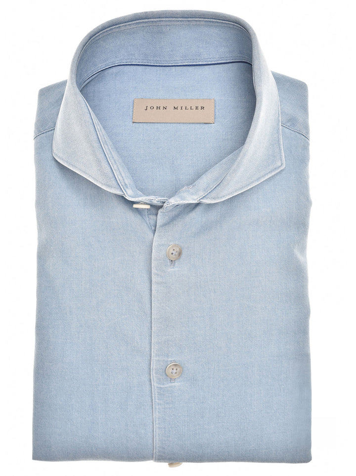 John Miller slim fit overhemd cutaway denim-98% katoen, 2% elasthaan-HEREN SHIRTS-Blauw
