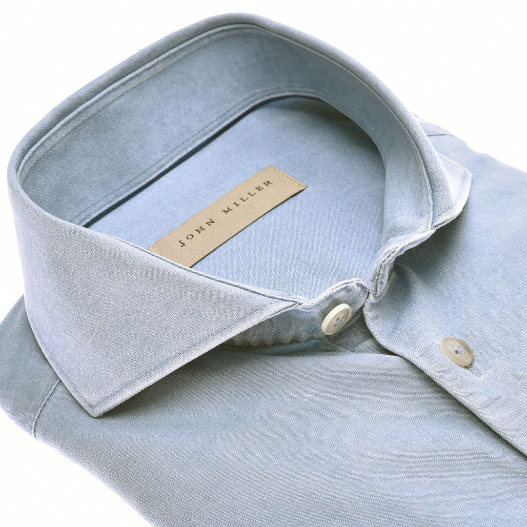 John Miller slim fit overhemd cutaway denim-98% katoen, 2% elasthaan-HEREN SHIRTS-Blauw