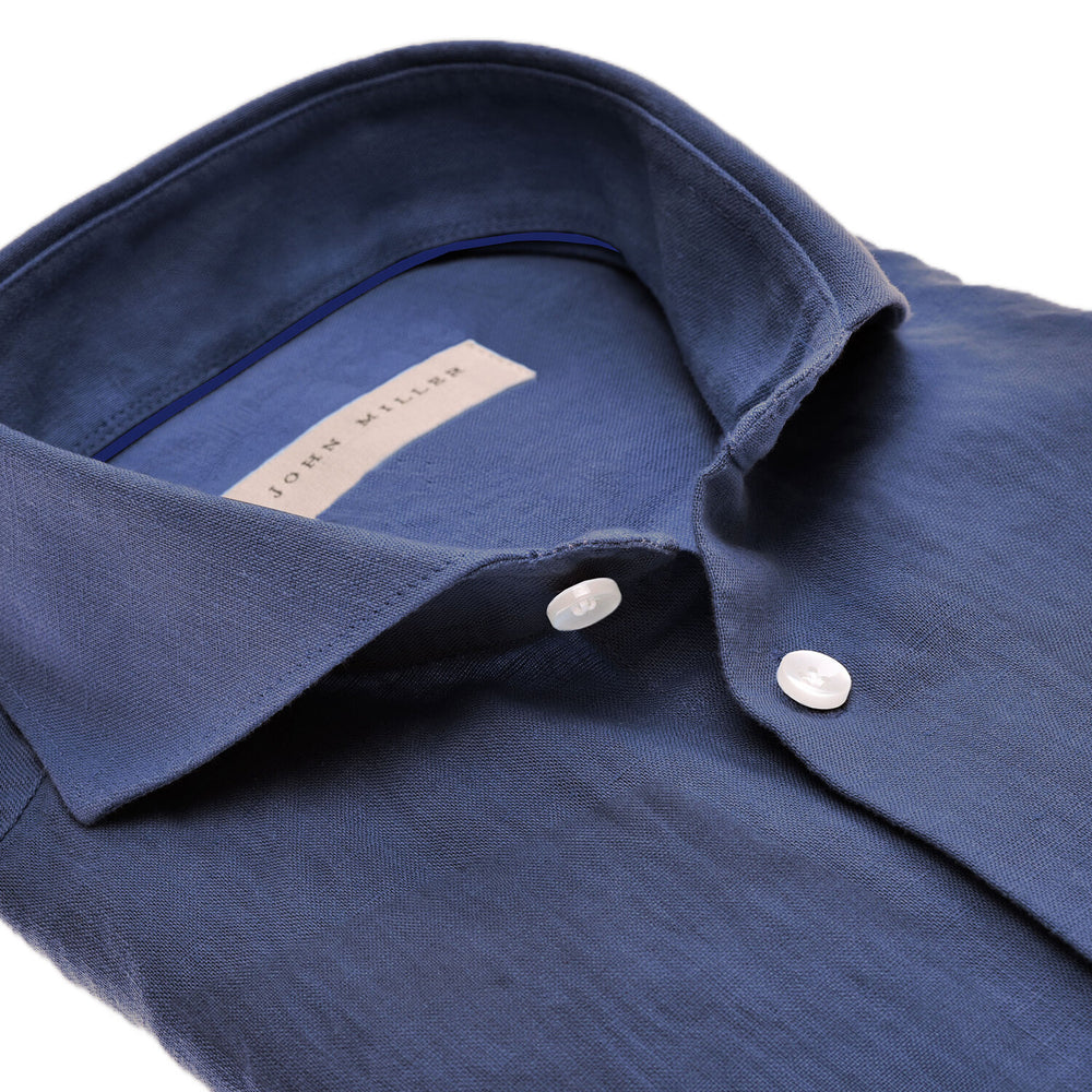 John Miller slim fit shirt-55% linnen, 45% katoen-HEREN SHIRTS-Blauw