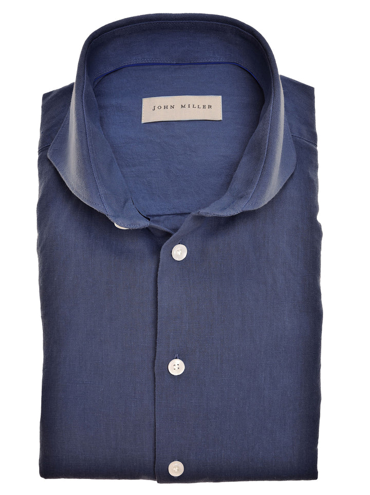 John Miller slim fit shirt-55% linnen, 45% katoen-HEREN SHIRTS-Blauw