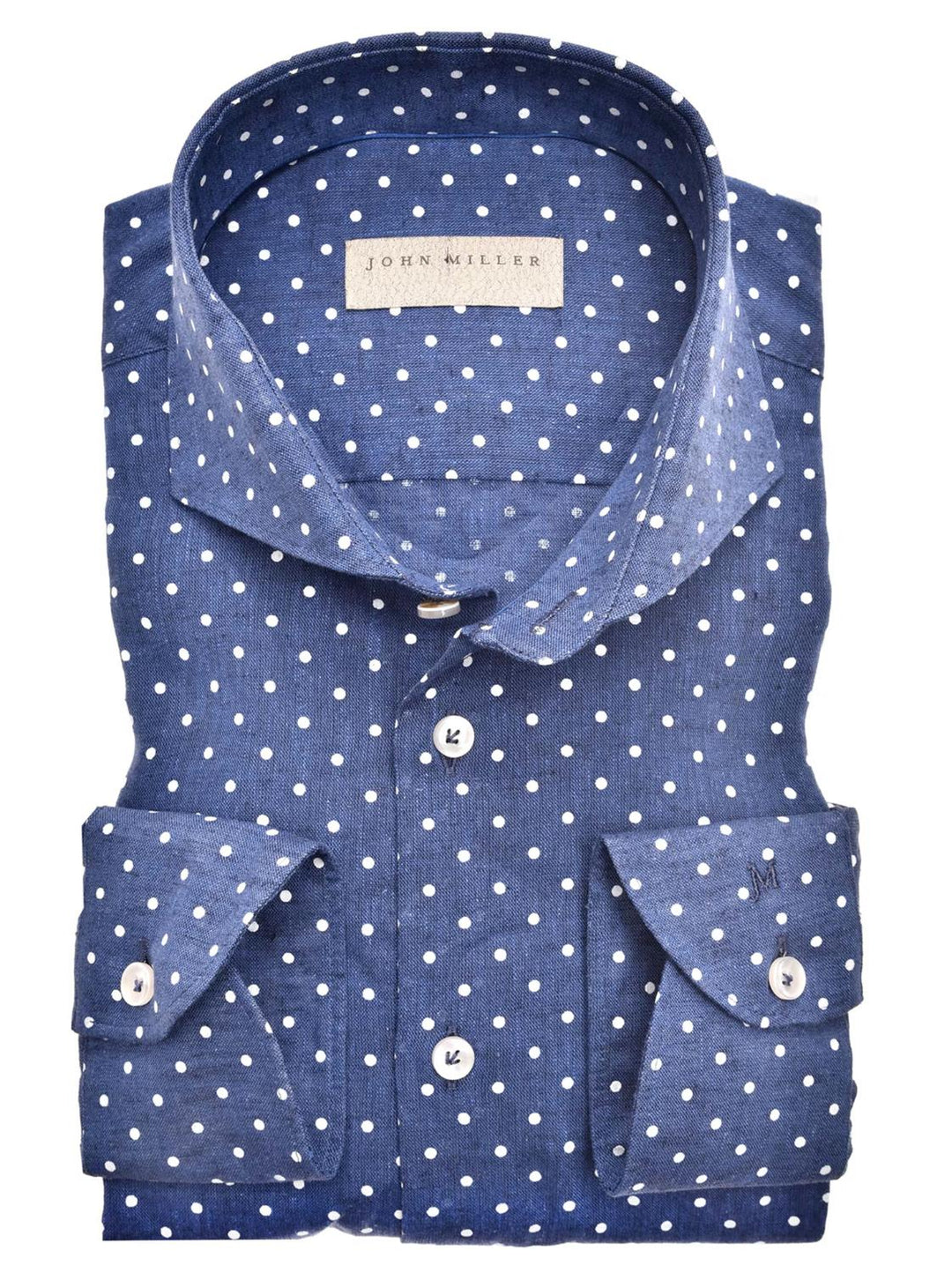 John Miller Tailored fit-55% linnen, 45% katoen-HEREN SHIRTS-Blauw