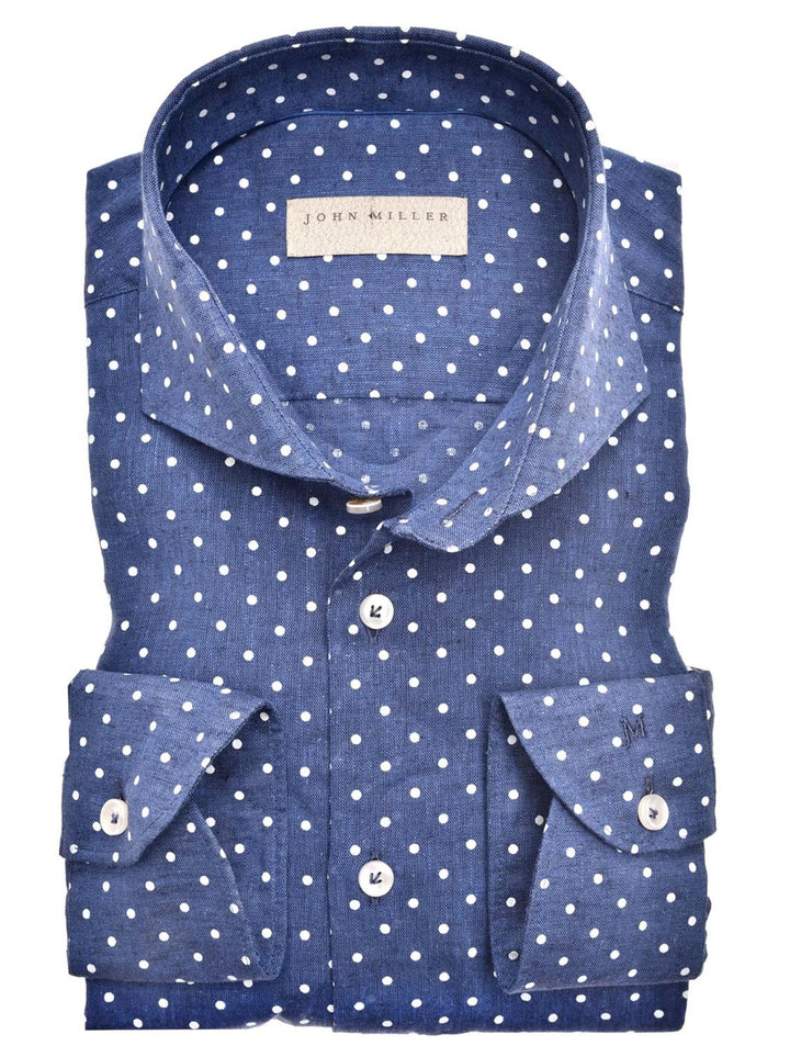 John Miller Tailored fit-55% linnen, 45% katoen-HEREN SHIRTS-Blauw