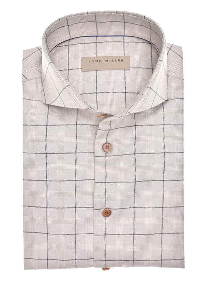 John Miller Tailored Fit Bruin met ruit-100% katoen-HEREN SHIRTS-Beige