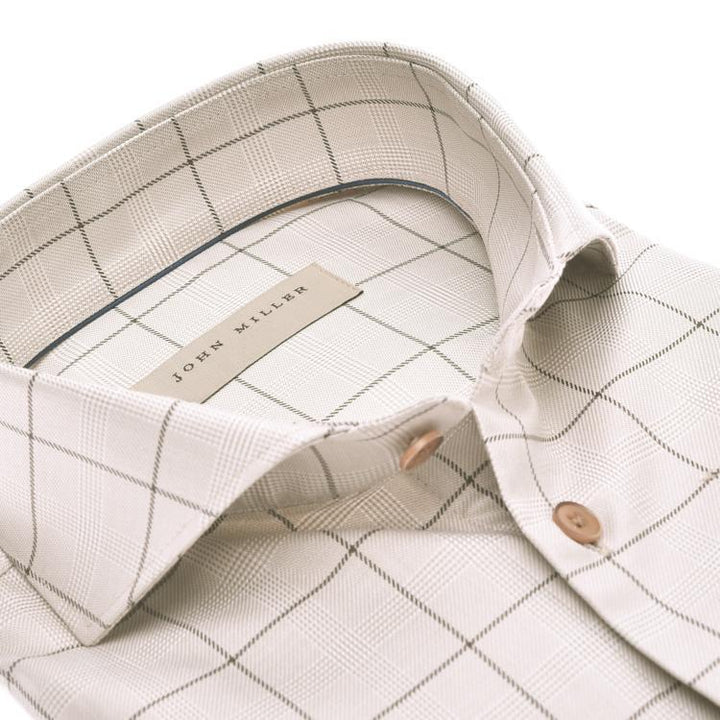 John Miller Tailored Fit Bruin met ruit-100% katoen-HEREN SHIRTS-Beige