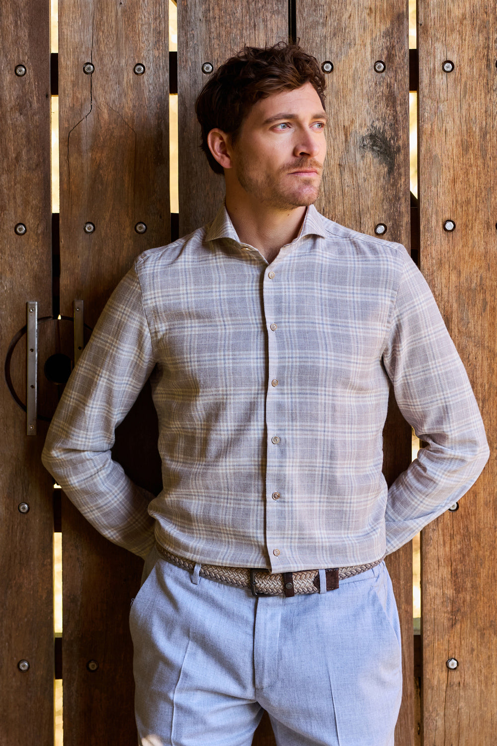 John Miller Tailored Fit Overhemd – Beige-80$ katoen, 20% wol-HEREN SHIRTS-Beige