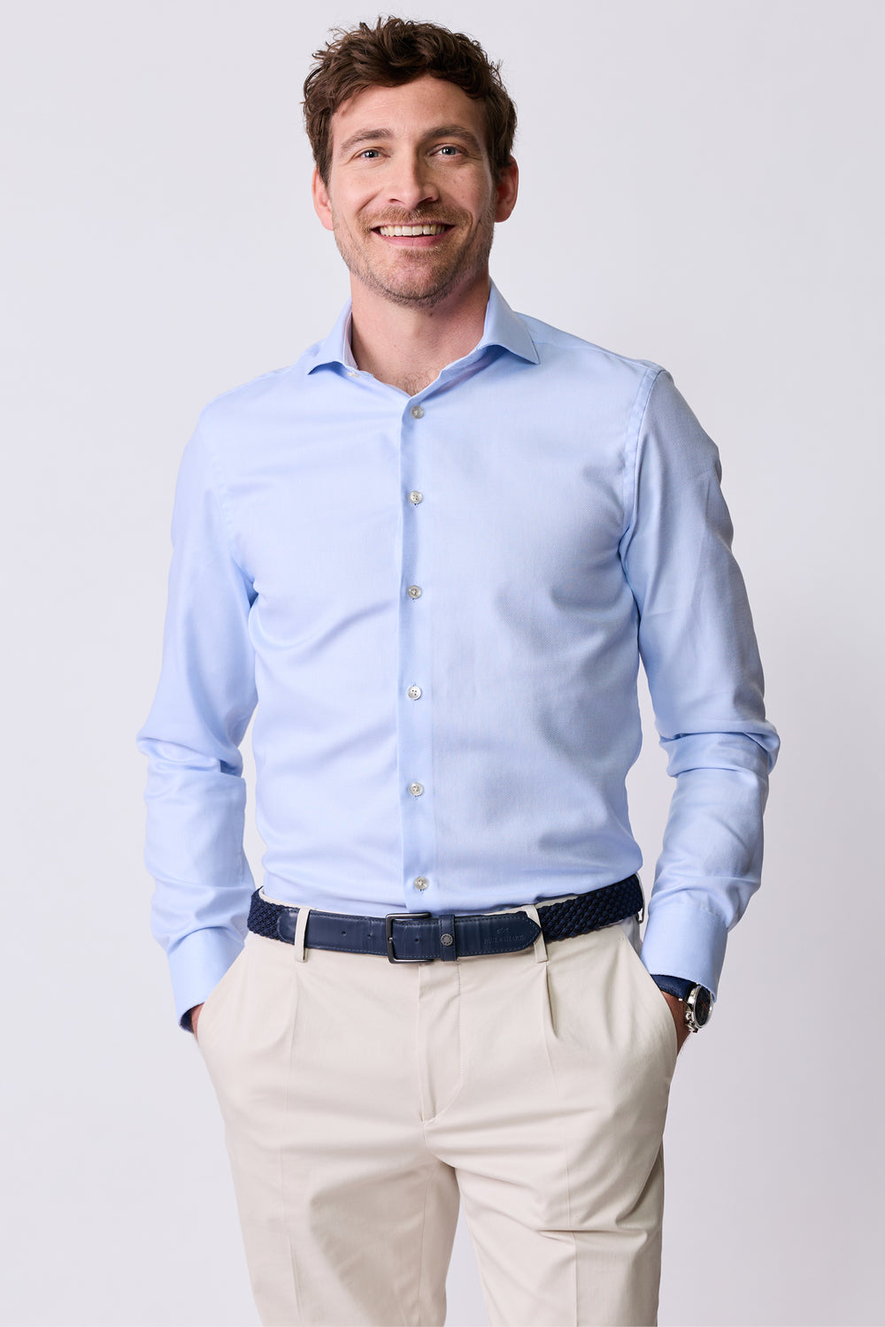 John Miller Tailored Fit Overhemd – Blauw-100% katoen-HEREN SHIRTS-Blauw