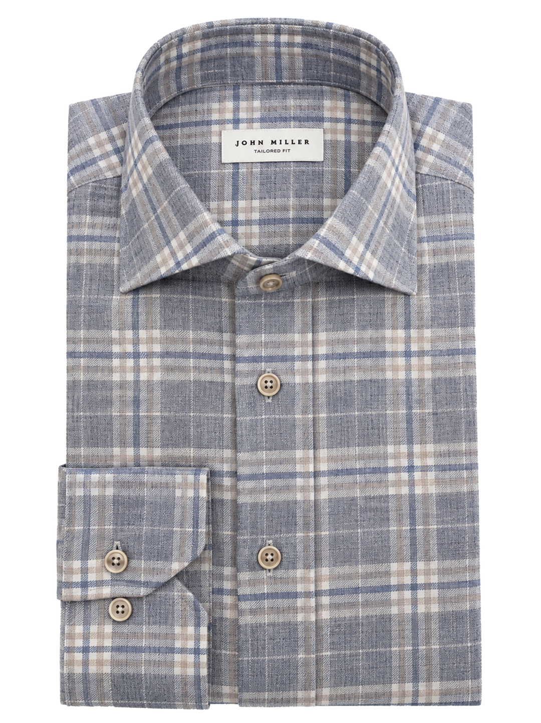 John Miller Tailored Fit Overhemd – Blauw-80% katoen, 20% wol-HEREN SHIRTS-Blauw