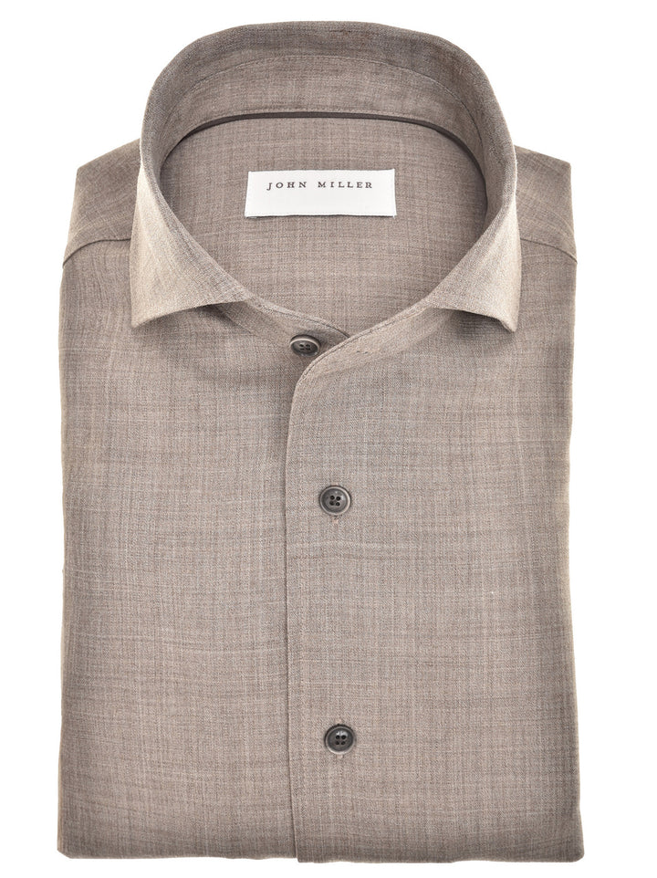 John Miller Tailored Fit Overhemd – Bruin-44% polyester, 44% wol, 2% elastaan-HEREN SHIRTS-Bruin
