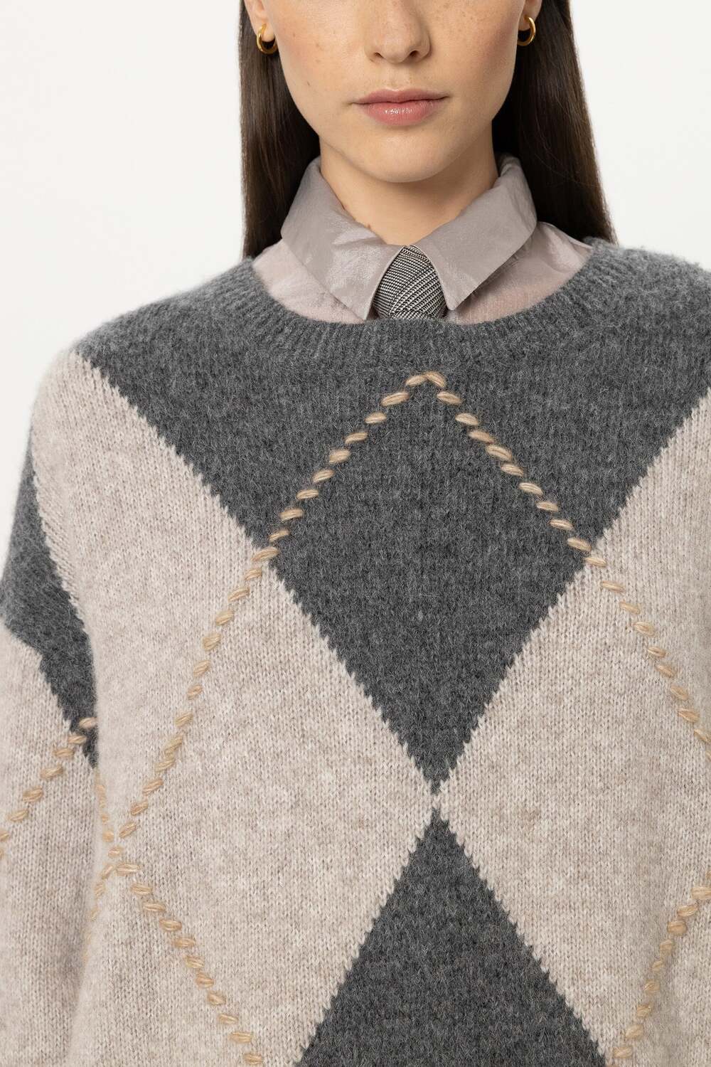 Luisa Cerano Alpacamix Trui met Patroon – Grijs-44% Polyamide, 34% Alpaca, 22% Wol-DAMES TRUIEN & VESTEN-Grijs