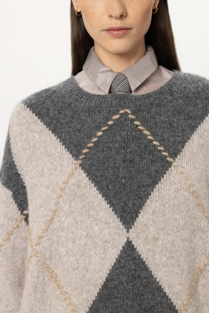 Luisa Cerano Alpacamix Trui met Patroon – Grijs-44% Polyamide, 34% Alpaca, 22% Wol-DAMES TRUIEN & VESTEN-Grijs