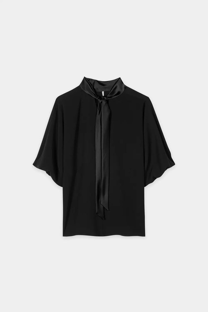 Luisa Cerano Blouse met Korte Mouwen – Zwart-69% tracetaat, 31% polyester-DAMES TOPS & BLOUSES-Zwart
