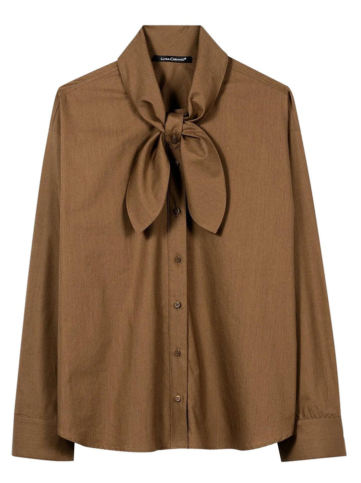 Luisa Cerano Blouse met Sjaalkraag – Bruin-100% katoen-DAMES TOPS & BLOUSES-Bruin