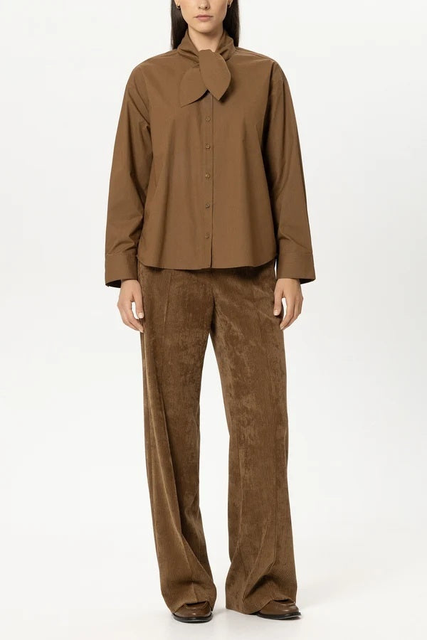 Luisa Cerano Blouse met Sjaalkraag – Bruin-100% katoen-DAMES TOPS & BLOUSES-Bruin