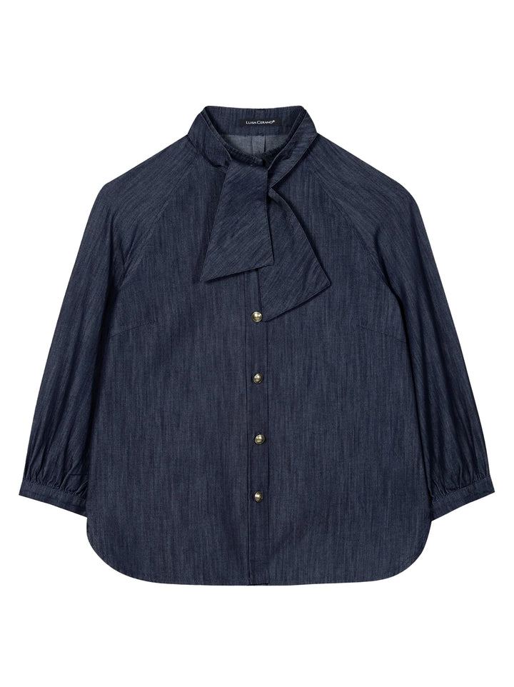 Luisa Cerano Blouse Strikdetail – Blauw-100% katoen-DAMES TOPS & BLOUSES-Blauw