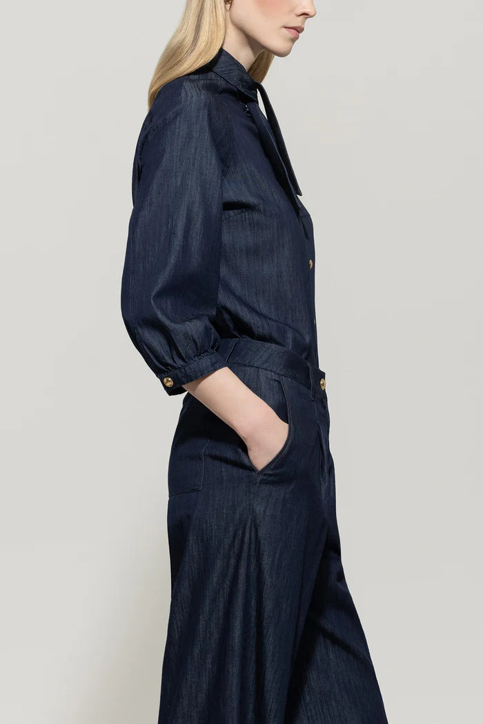 Luisa Cerano Blouse Strikdetail – Blauw-100% katoen-DAMES TOPS & BLOUSES-Blauw