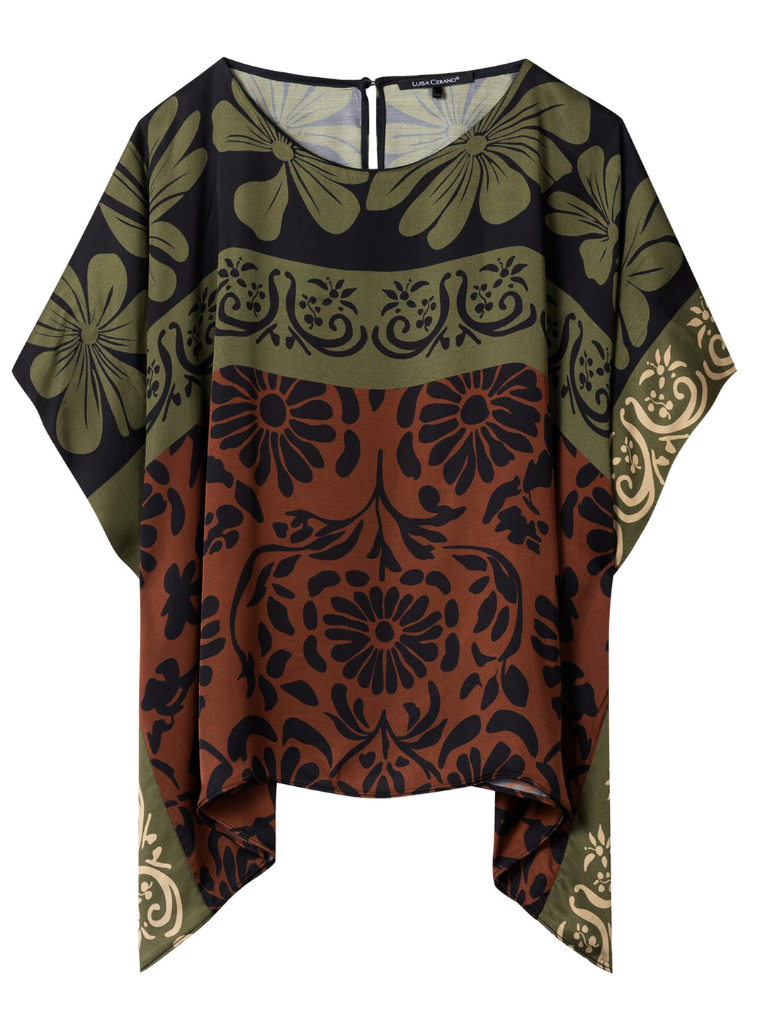 Luisa Cerano Cape blouse met leaf print – Groen-100% viscose-DAMES TOPS & BLOUSES-Groen