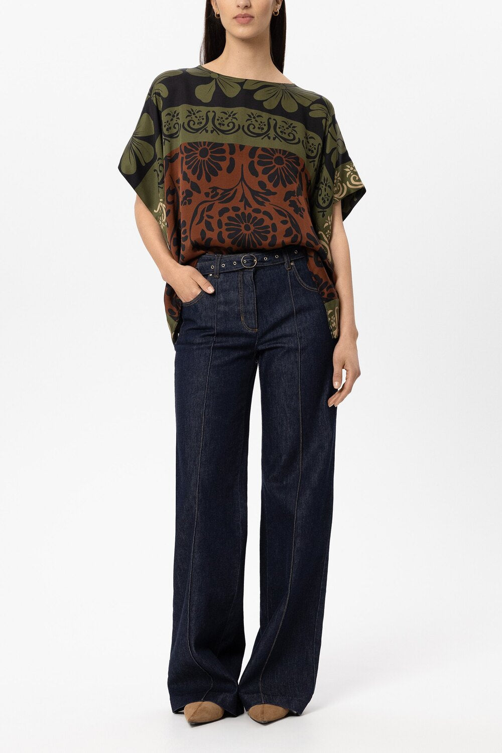 Luisa Cerano Cape blouse met leaf print – Groen-100% viscose-DAMES TOPS & BLOUSES-Groen