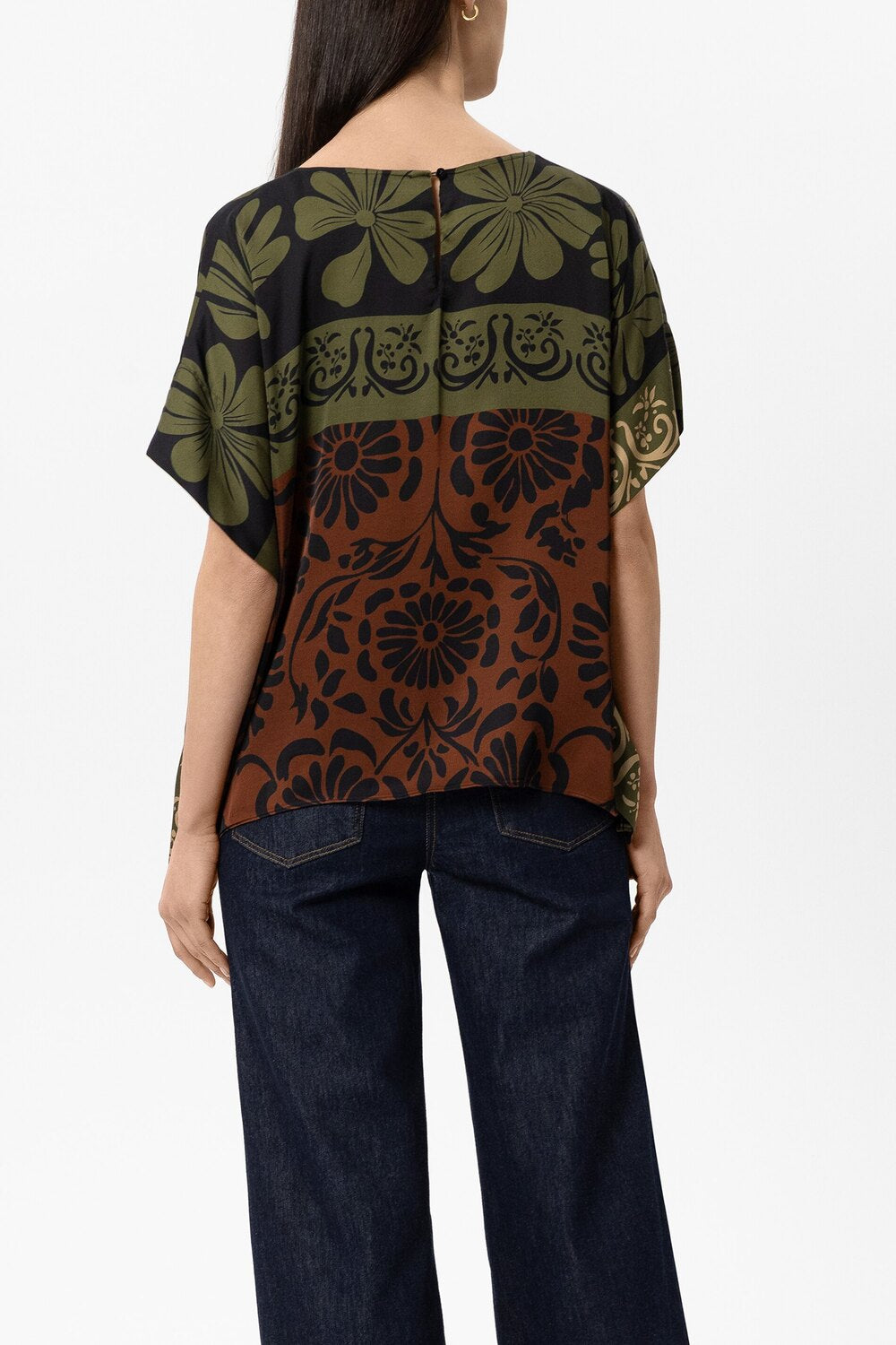 Luisa Cerano Cape blouse met leaf print – Groen-100% viscose-DAMES TOPS & BLOUSES-Groen