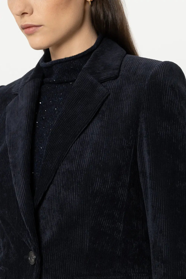 Luisa Cerano Corduroy Blazer – Blauw-90% polyester, 8% polyamide, 2% elastaan<br />Voering: 57% viscose, 43% polyester -D