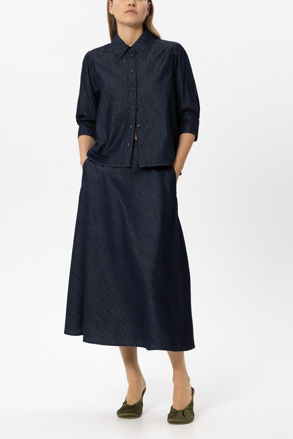 Luisa Cerano Denim blouse – Blauw-100% katoen-DAMES TOPS & BLOUSES-Blauw