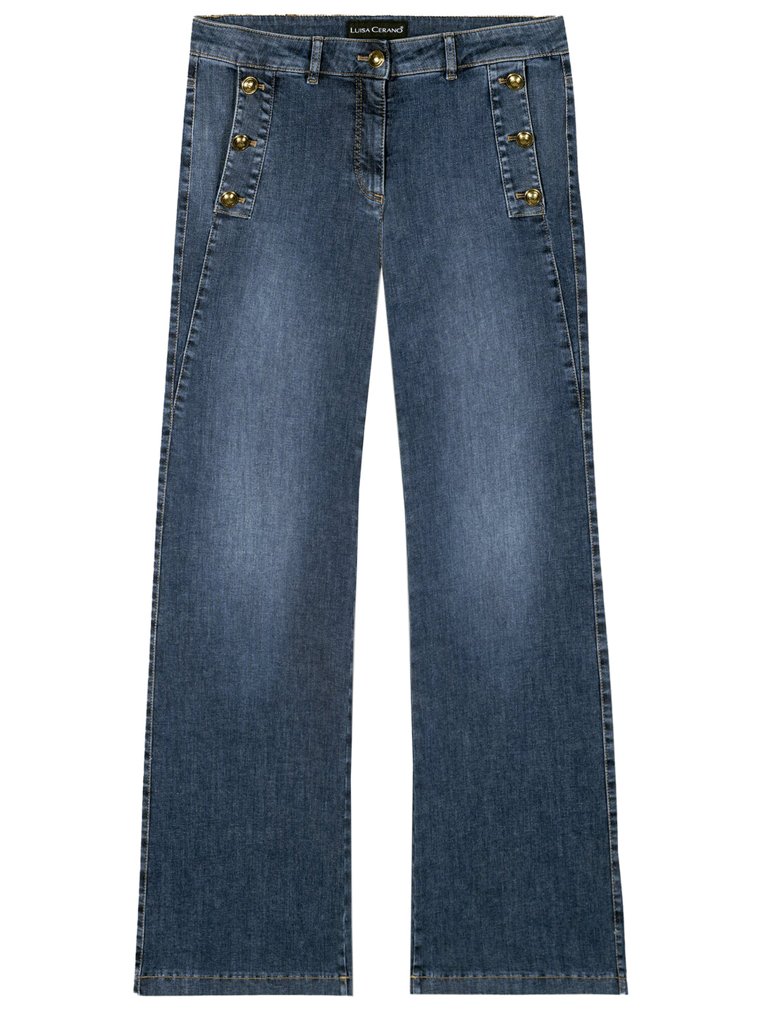 Luisa Cerano Flared Jeans Met Goudknopen – Blauw-90% katoen, 8% elastomultiester, 2% elasthaan-DAMES BROEKEN-Blauw