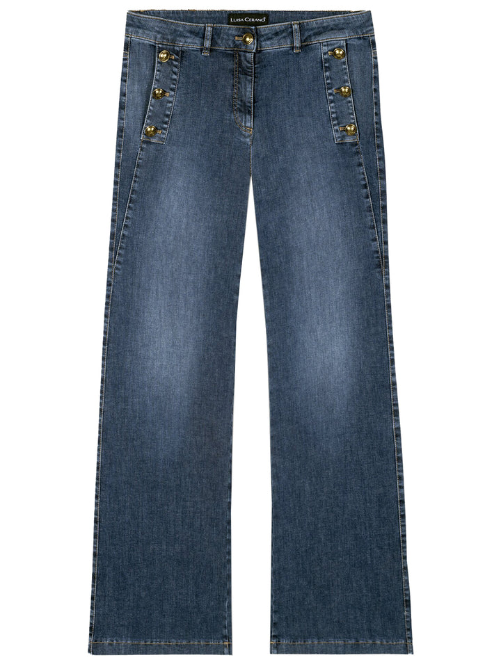 Luisa Cerano Flared Jeans Met Goudknopen – Blauw-90% katoen, 8% elastomultiester, 2% elasthaan-DAMES BROEKEN-Blauw