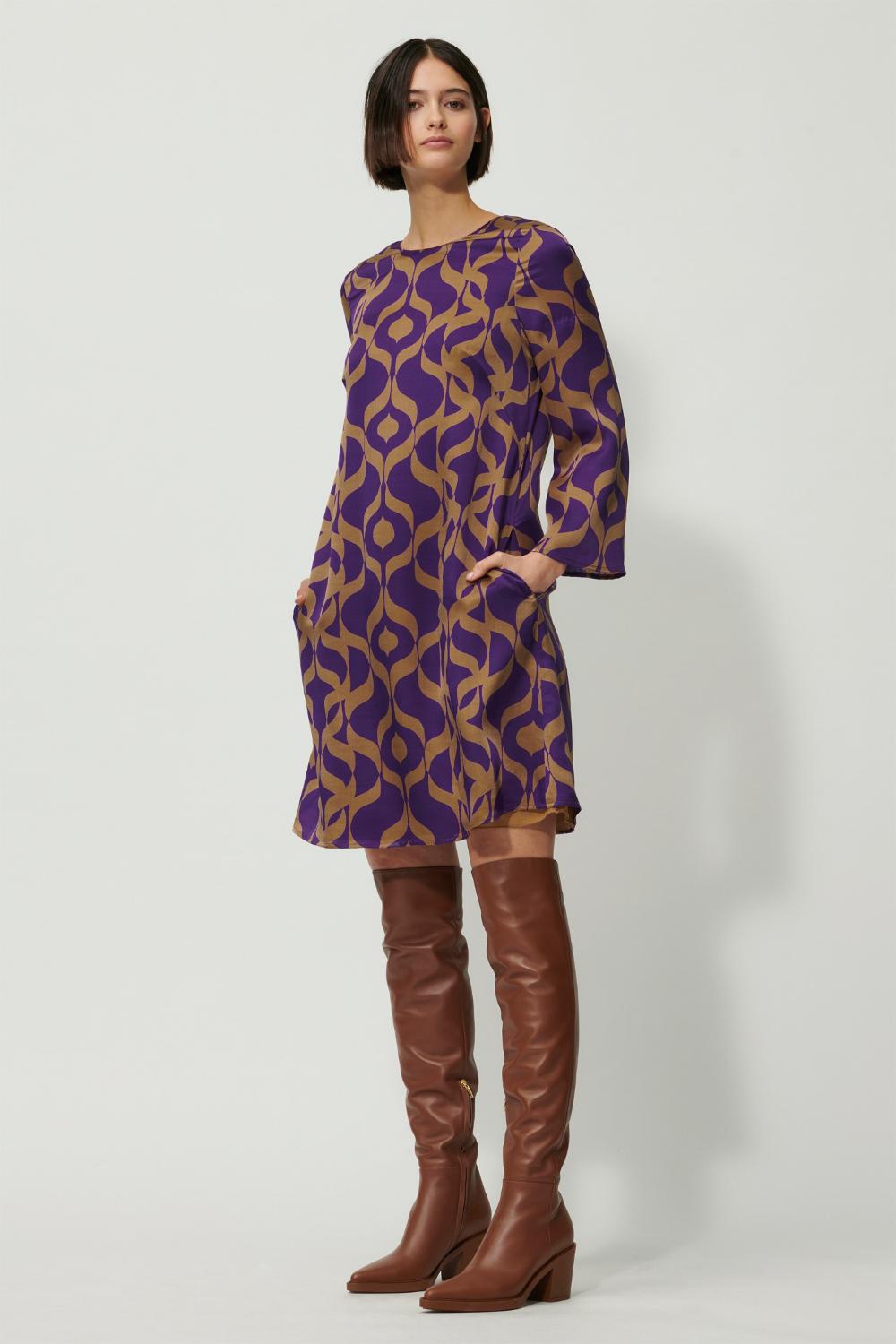 Luisa Cerano grafische jurk-100% zijde-DAMES JURKEN-Paars