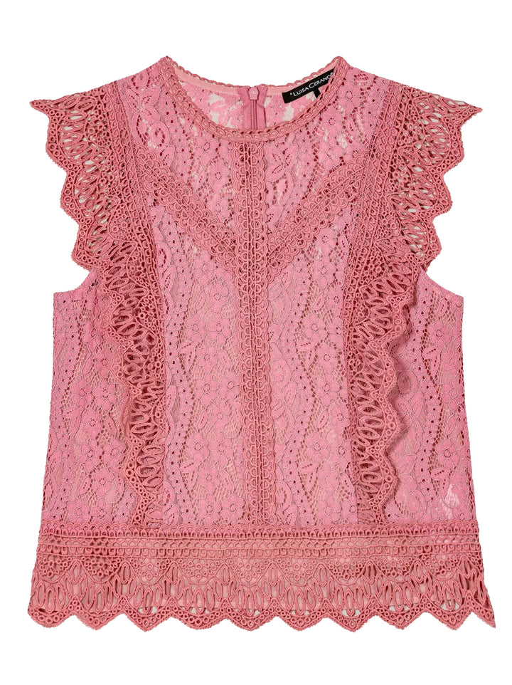 Luisa Cerano Kanten Blouse met Borduursels-35% katoen, 35% polyamide, 30% viskose-DAMES TOPS & BLOUSES-Roze